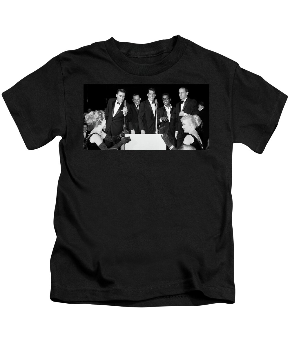 Sinatra Kids T-Shirt featuring the photograph Peter Lawford, Frank Sinatra, Dean Martin, Sammy Davis Jr. and J by Doc Braham