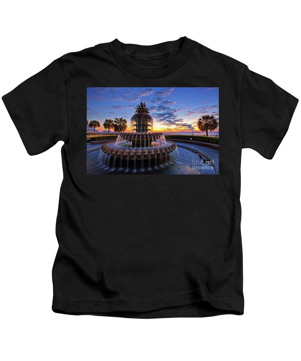Charleston Kids T-Shirt featuring the photograph The Pineapple Fountain at Sunrise in Charleston, South Carolina, USA by Sam Antonio