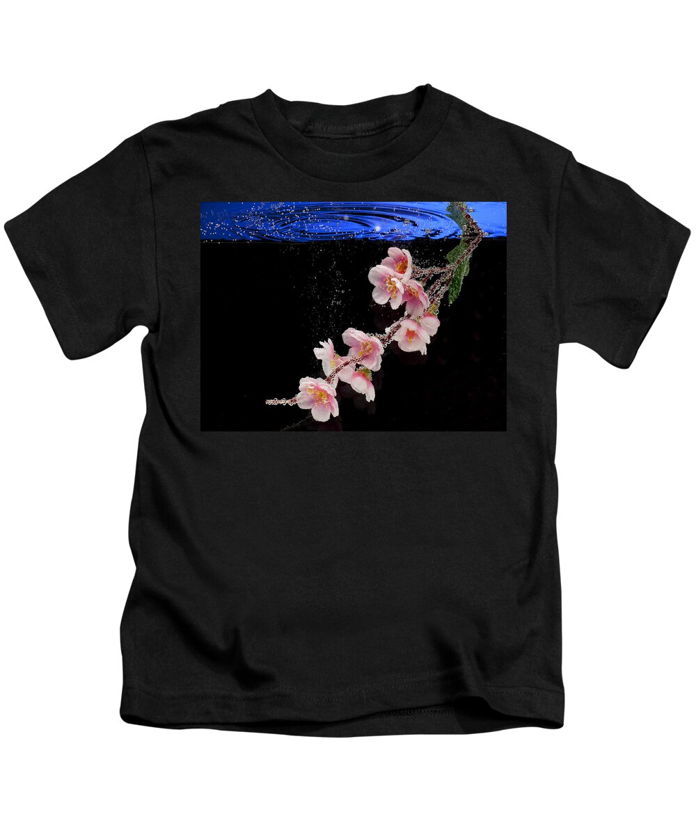 Water Kids T-Shirt featuring the photograph Pink Blossom in Water with Bubbles by Dmitry Soloviev