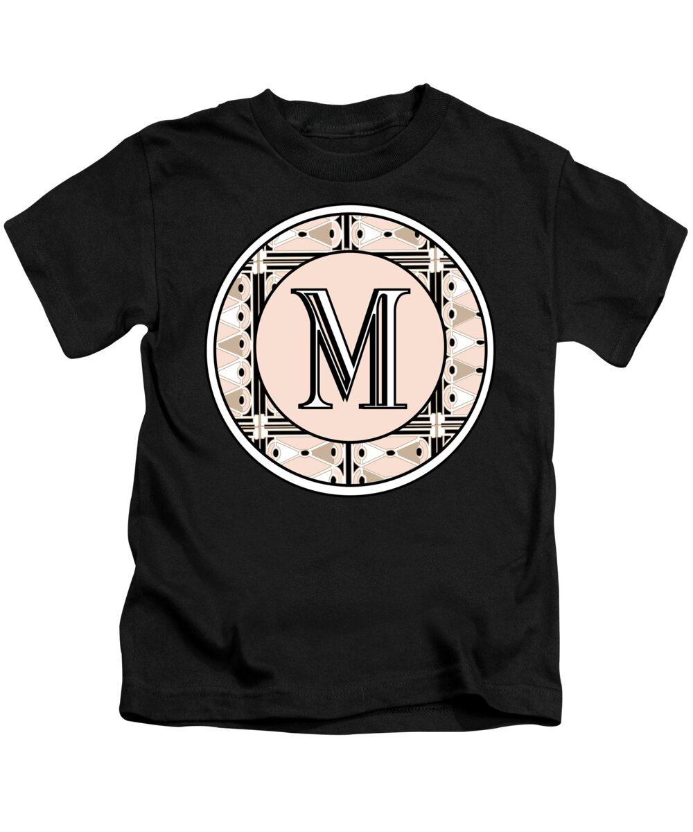 Art Deco Kids T-Shirt featuring the digital art Pink Champagne Deco Monogram M by Cecely Bloom