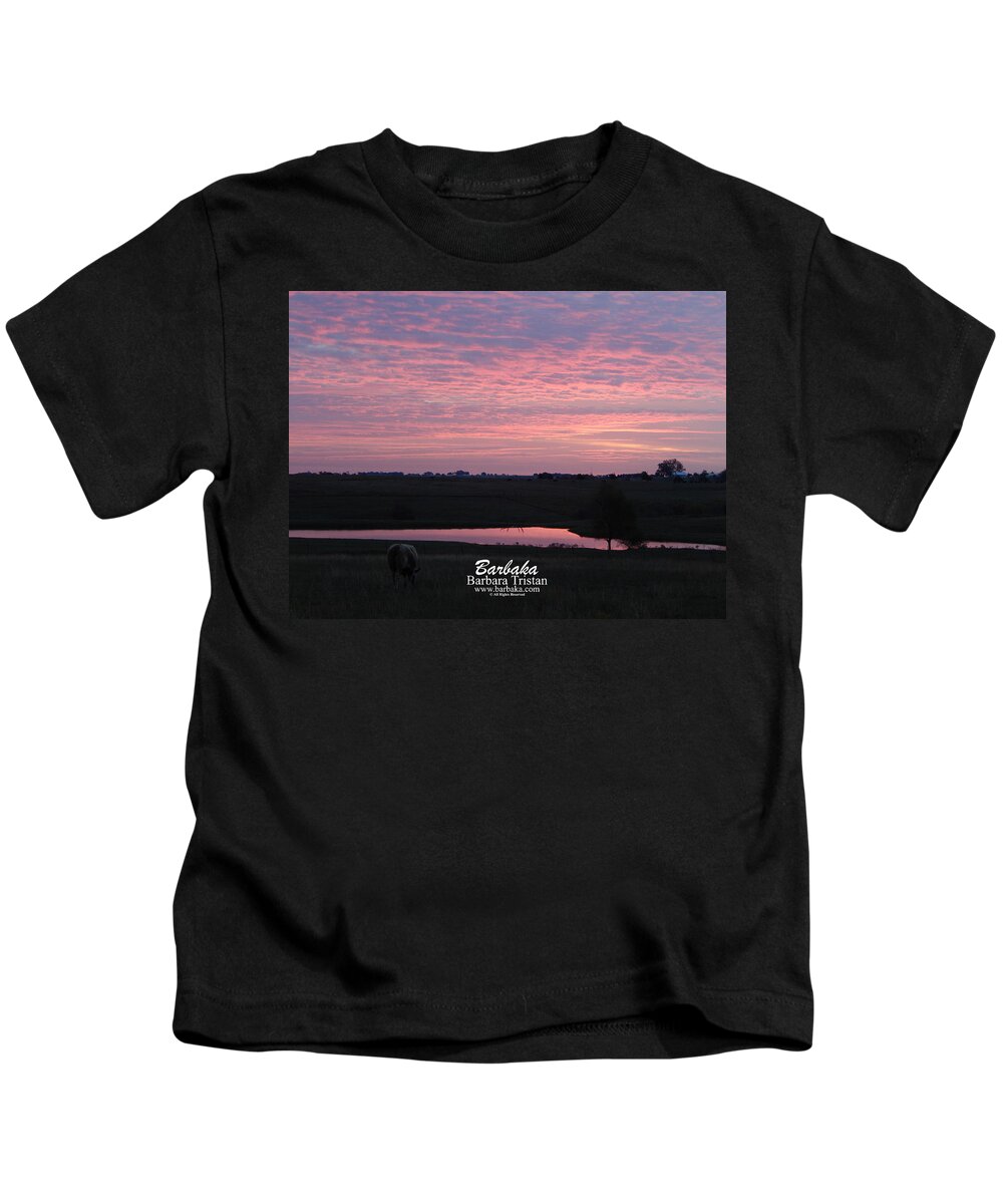 Art Kids T-Shirt featuring the photograph Pink Pond and Cow #5110 by Barbara Tristan