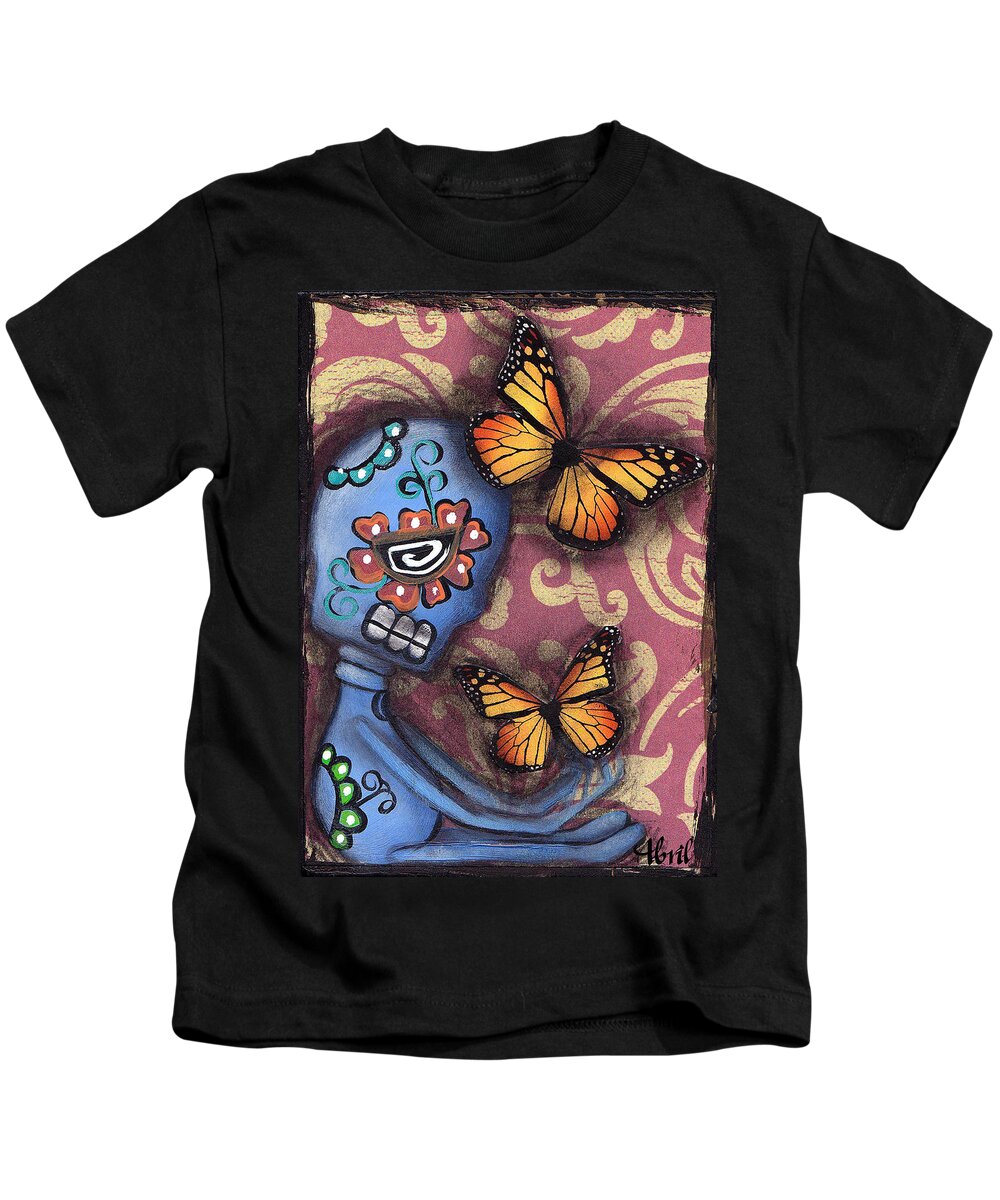 Day Of The Dead Kids T-Shirt featuring the painting Playing with Monarchs by Abril Andrade
