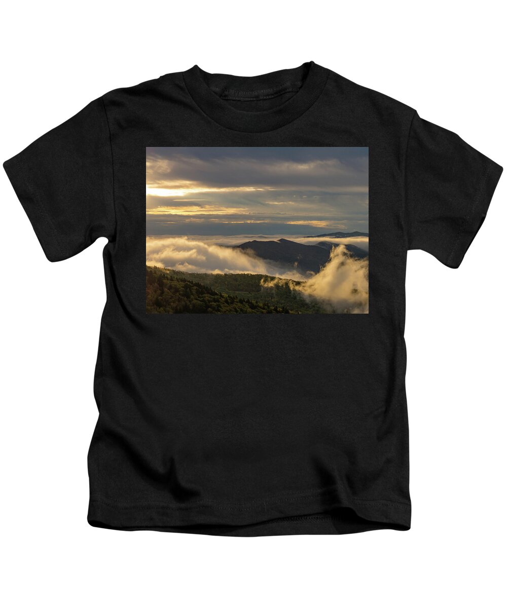 Blueridge Parkway; Landscape; Mountains; Sunrise; Clouds; Shadow; Waterrock Knob; Kids T-Shirt featuring the photograph Puffy Clouds by Peggy Blackwell