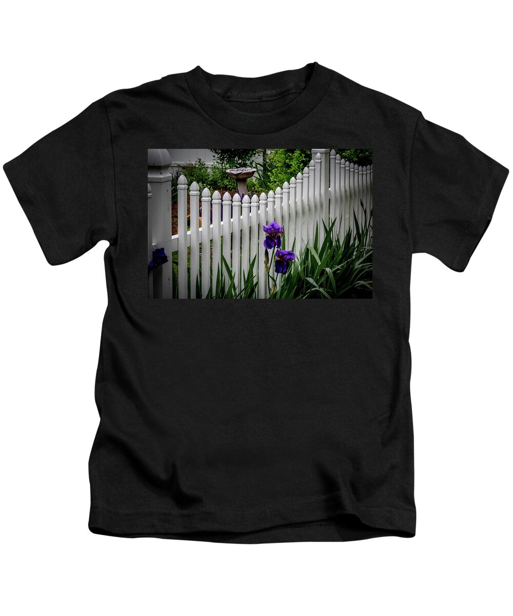 Fence Kids T-Shirt featuring the digital art Purple Iris and the Fence by Ed Stines