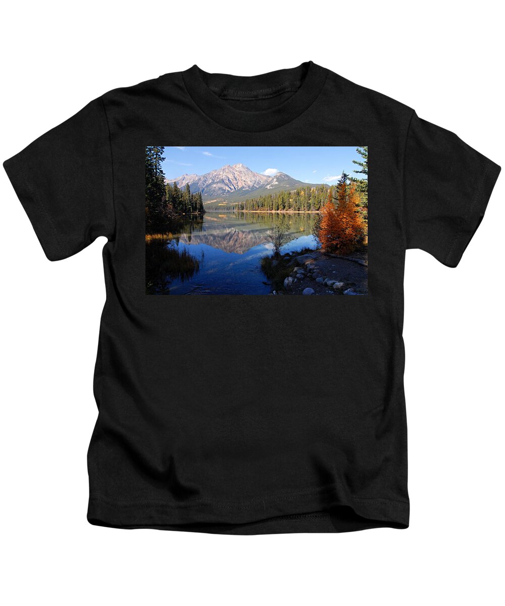 Pyramid Mountain Kids T-Shirt featuring the photograph Pyramid Moutain Reflection by Larry Ricker