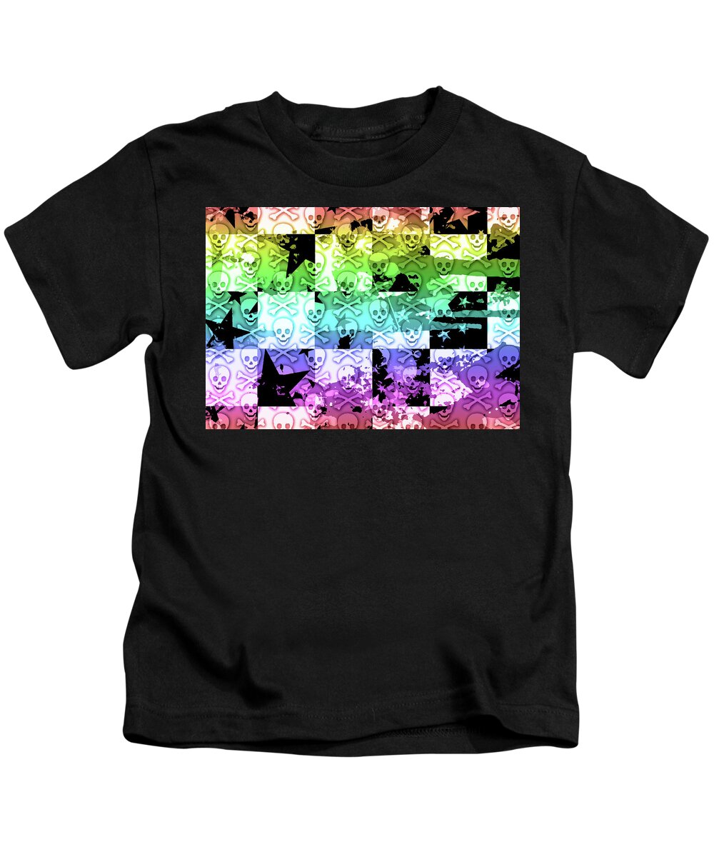 Rainbow Kids T-Shirt featuring the digital art Rainbow Checker Skull Splatter by Roseanne Jones