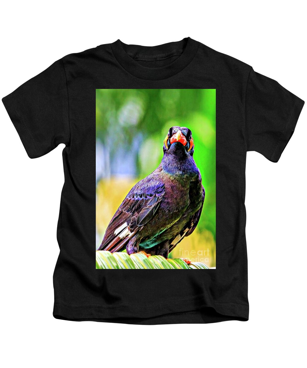 Animal Kids T-Shirt featuring the digital art Rainbow Hill Mynah by Ray Shiu