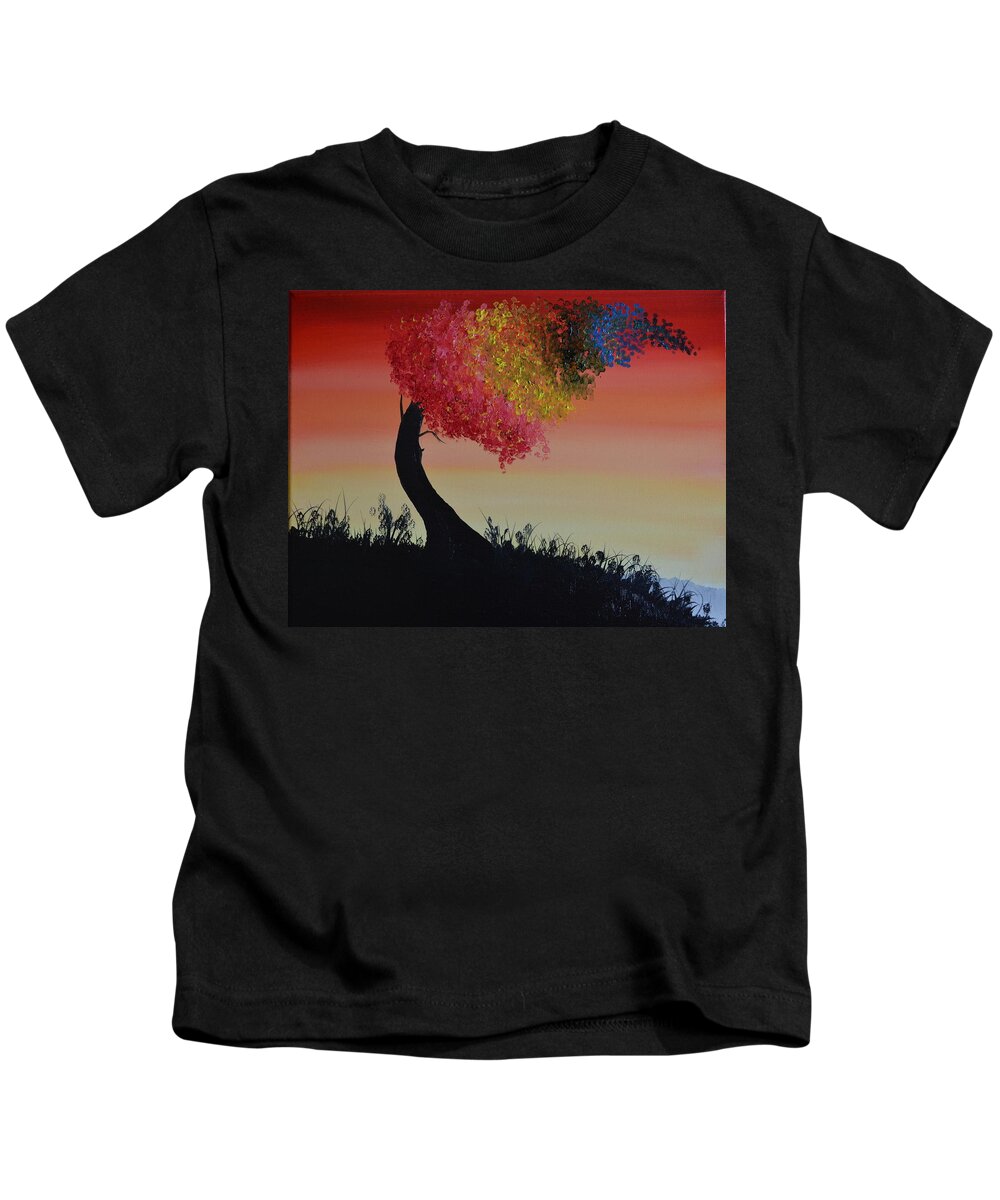 An Abstract Oil Painting Of A Tree Bending In The Wind. The Leaves Are Different Colors To Represent A Rainbow. Kids T-Shirt featuring the painting Rainbow Tree by Martin Schmidt