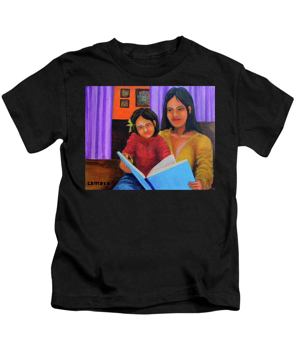 Mother Kids T-Shirt featuring the painting Reading with Mom by Cyril Maza