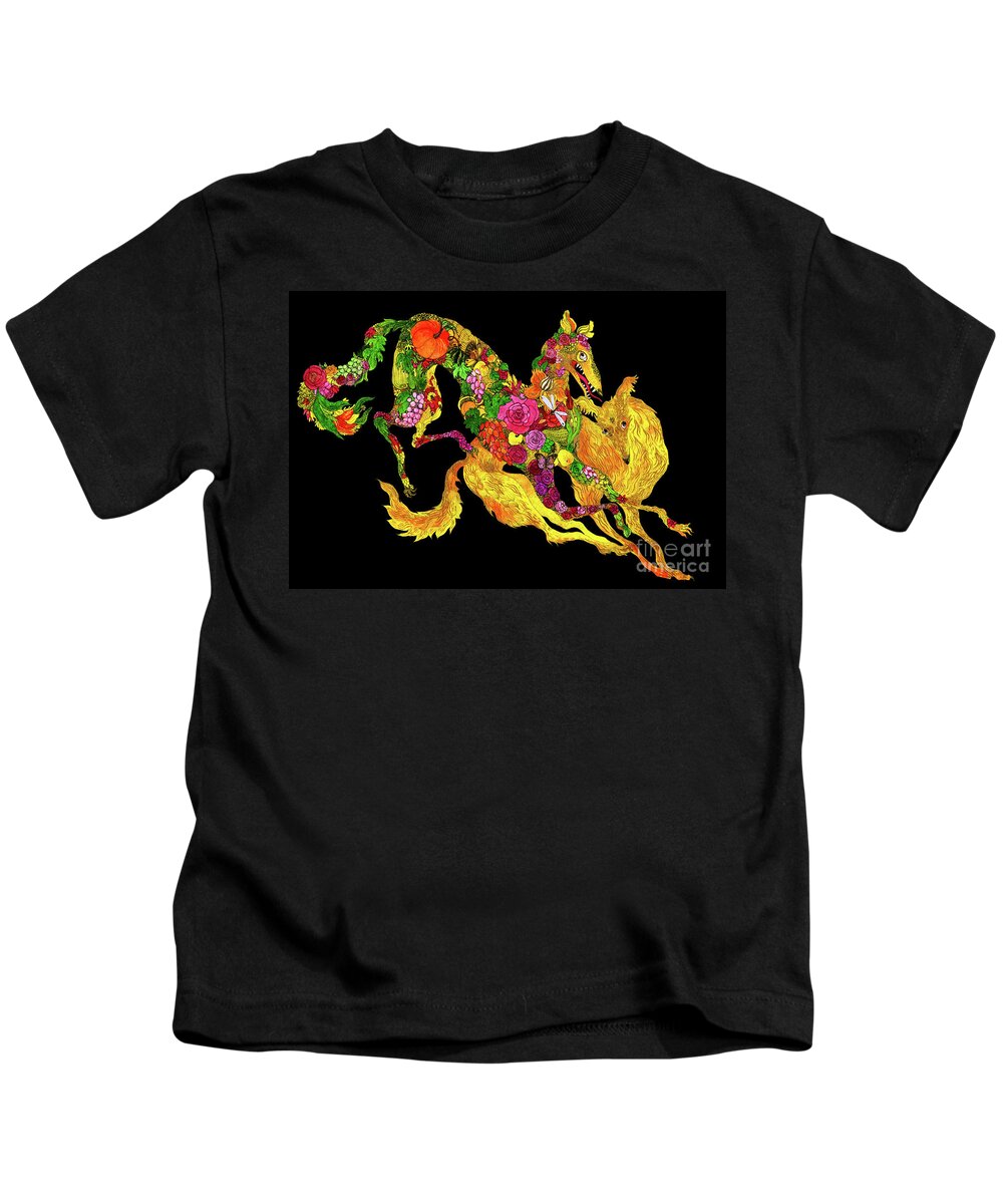 Dogs Kids T-Shirt featuring the drawing Running dogs black by Anatoliy Khudobin