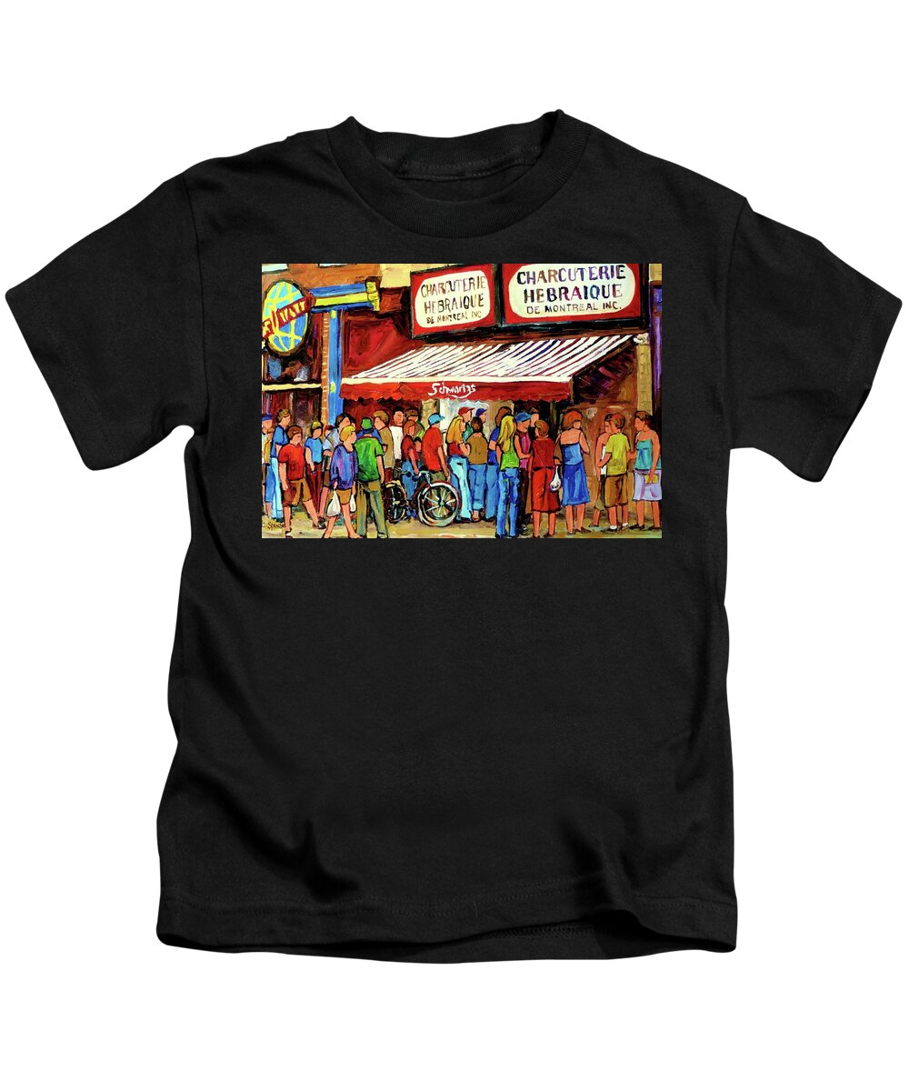 Schwartz Deli Kids T-Shirt featuring the painting Schwartzs Deli Lineup by Carole Spandau