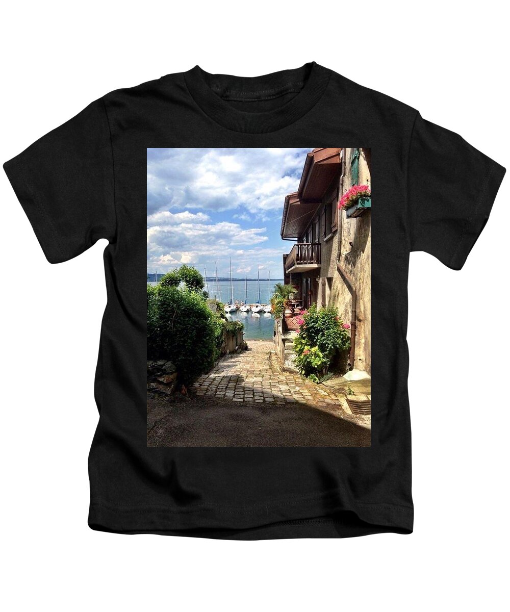 Annecy France Kids T-Shirt featuring the photograph Seaside view by Lauren Serene