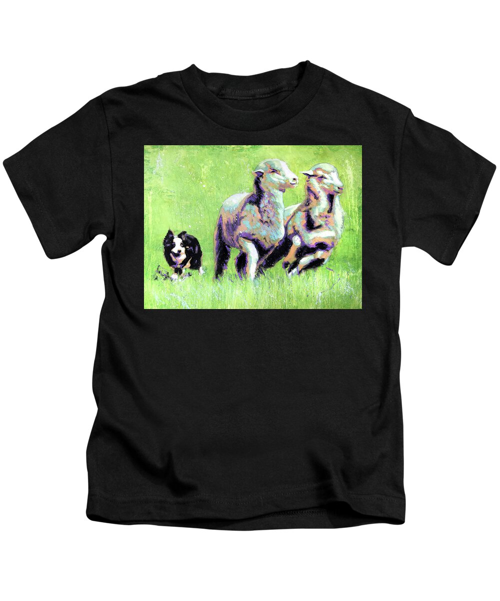 Sheep Kids T-Shirt featuring the painting Sheep and Dog by Steve Gamba