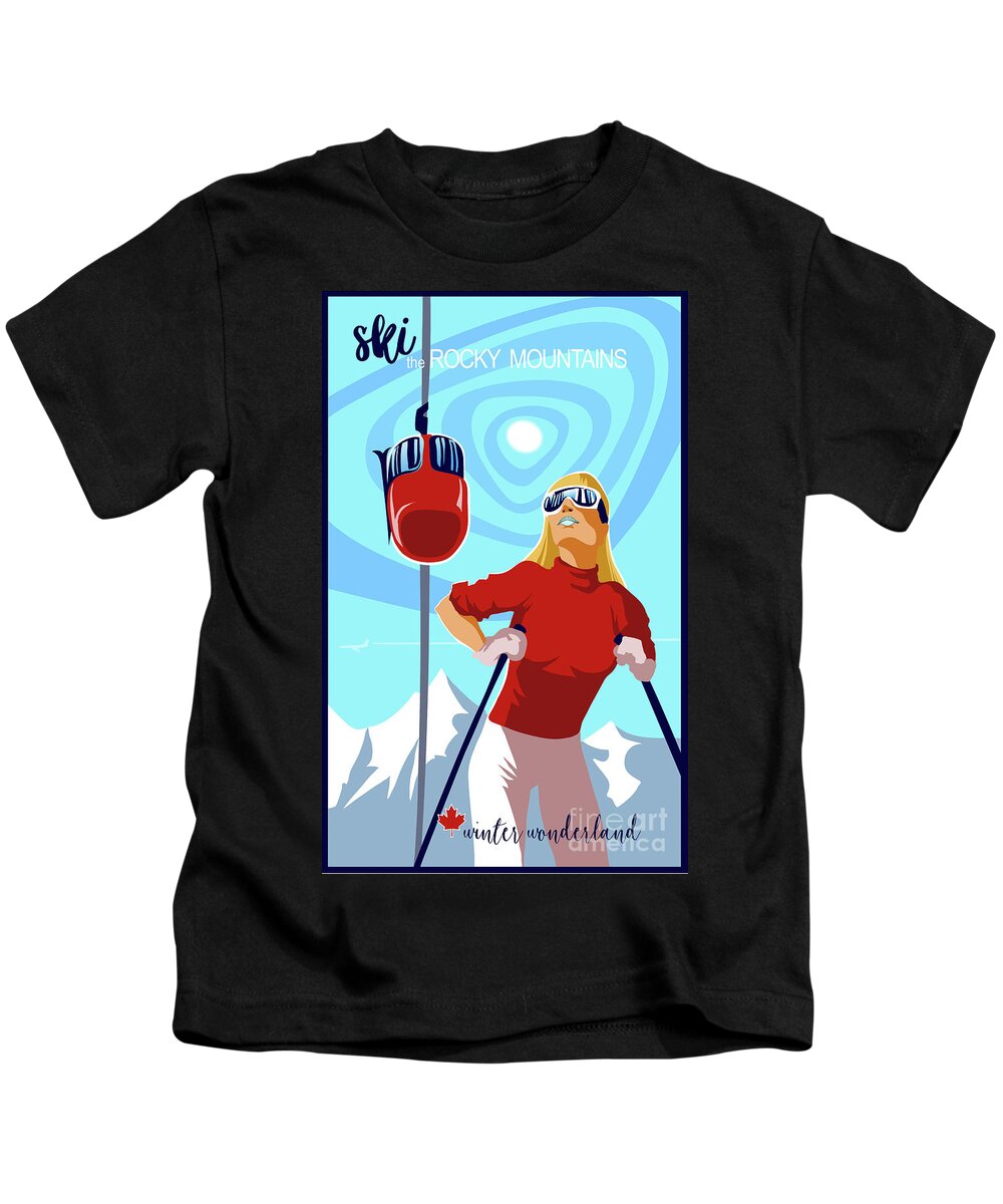 Retro Ski Poster Kids T-Shirt featuring the painting Ski Bunny retro ski poster by Sassan Filsoof