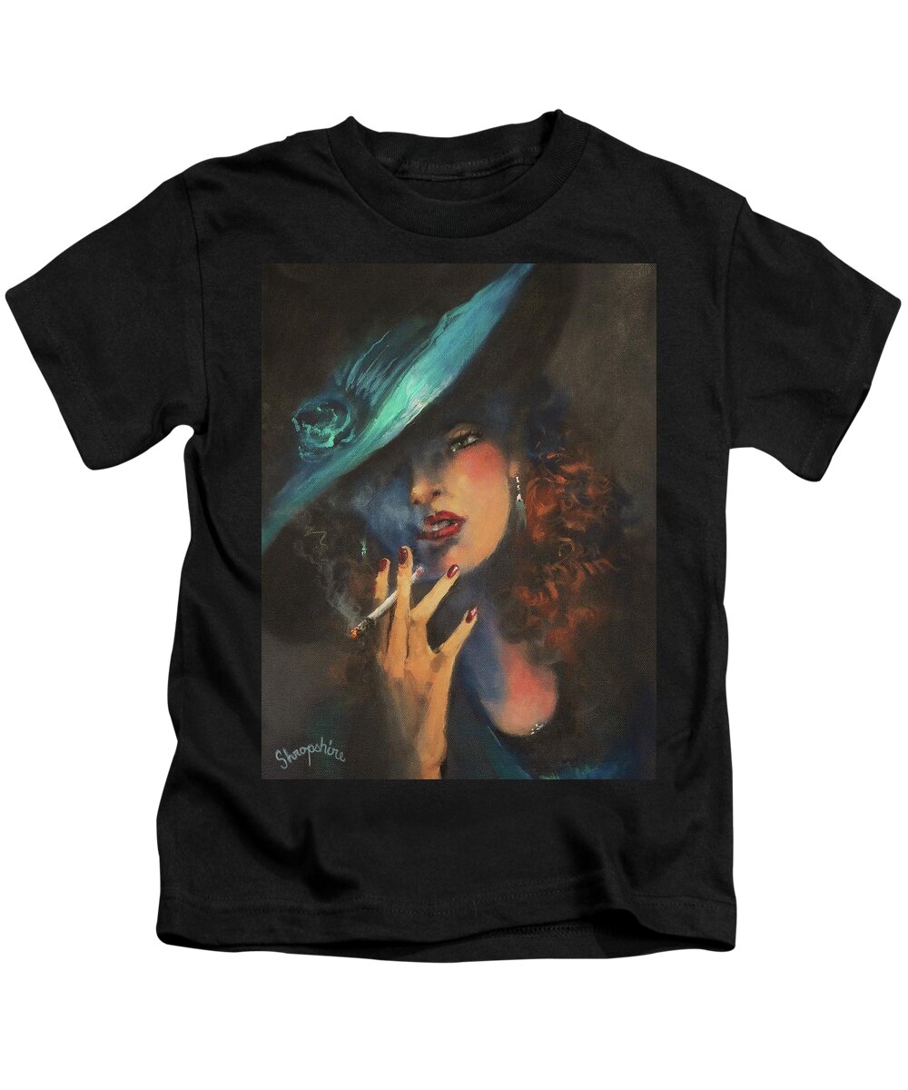 Woman Smoking Cigarette Kids T-Shirt featuring the painting Smoke Gets In Your Eyes by Tom Shropshire