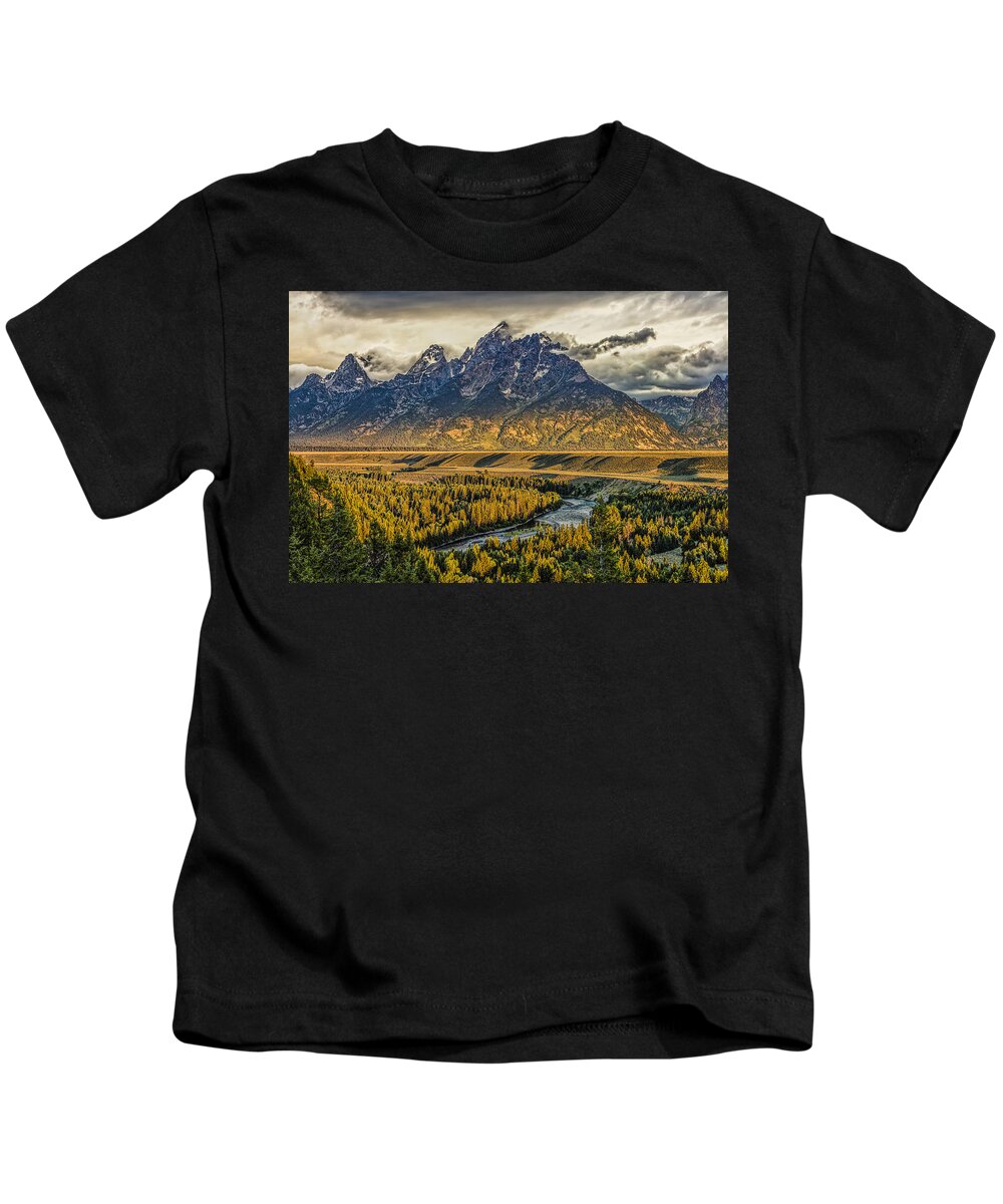 Grand Teton National Park Kids T-Shirt featuring the photograph Stormy Sunrise over the Grand Tetons and Snake River by Josh Bryant