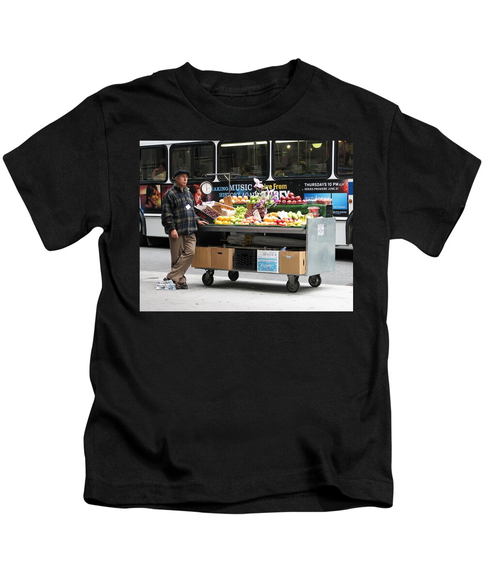 Darin Volpe People Kids T-Shirt featuring the photograph Street Orchard -- Street Vendor in New York City, New York by Darin Volpe