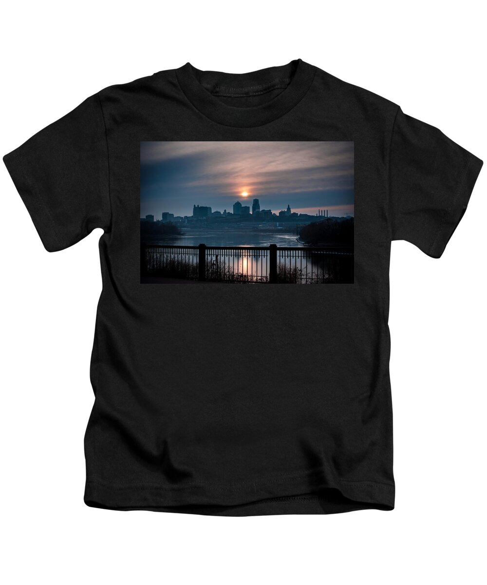 Skyline Kids T-Shirt featuring the photograph Sunrise from Kaw Point by Jeff Phillippi
