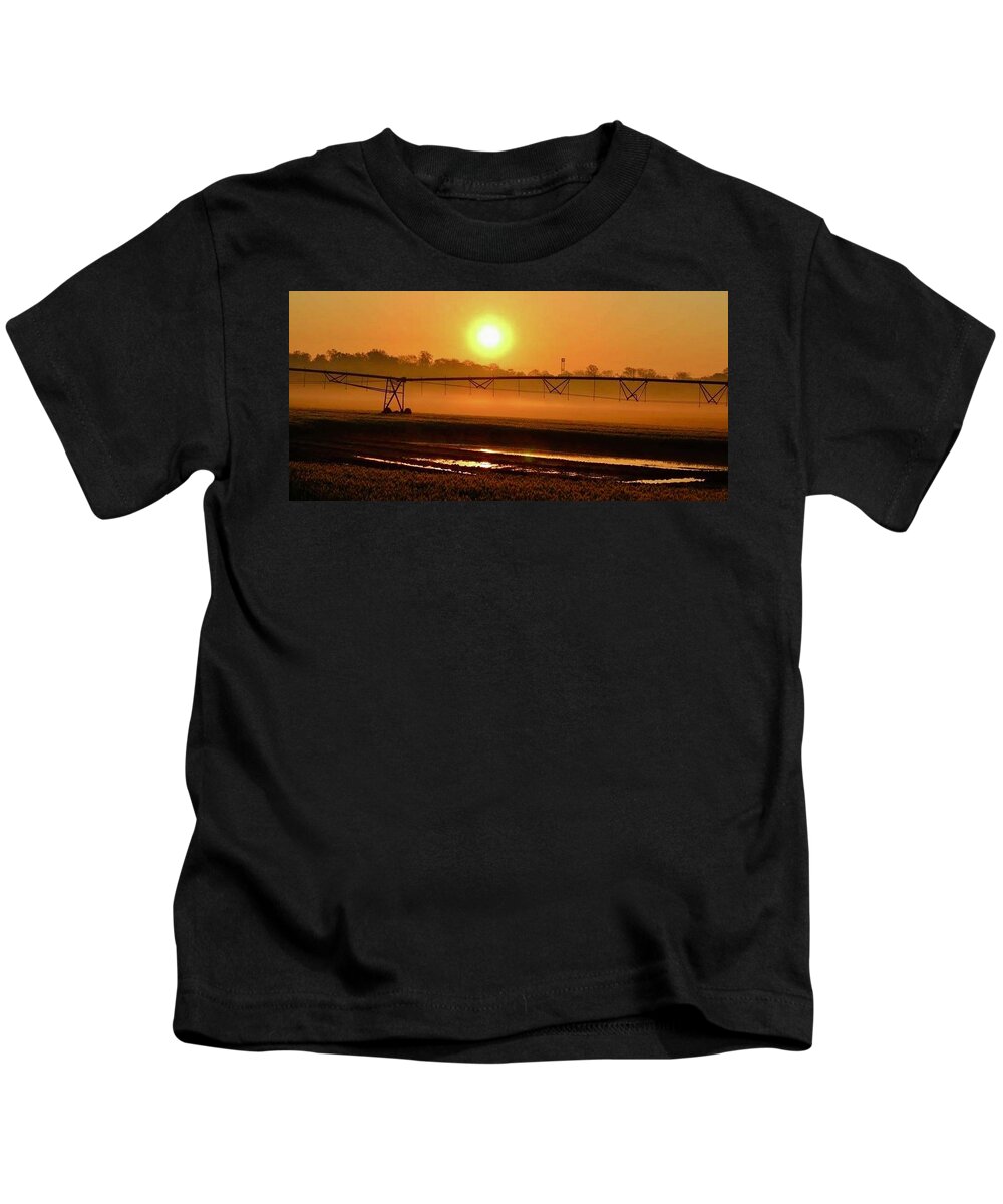 Sunrise Kids T-Shirt featuring the photograph Sunrise Mist on the Farm by Shawn M Greener