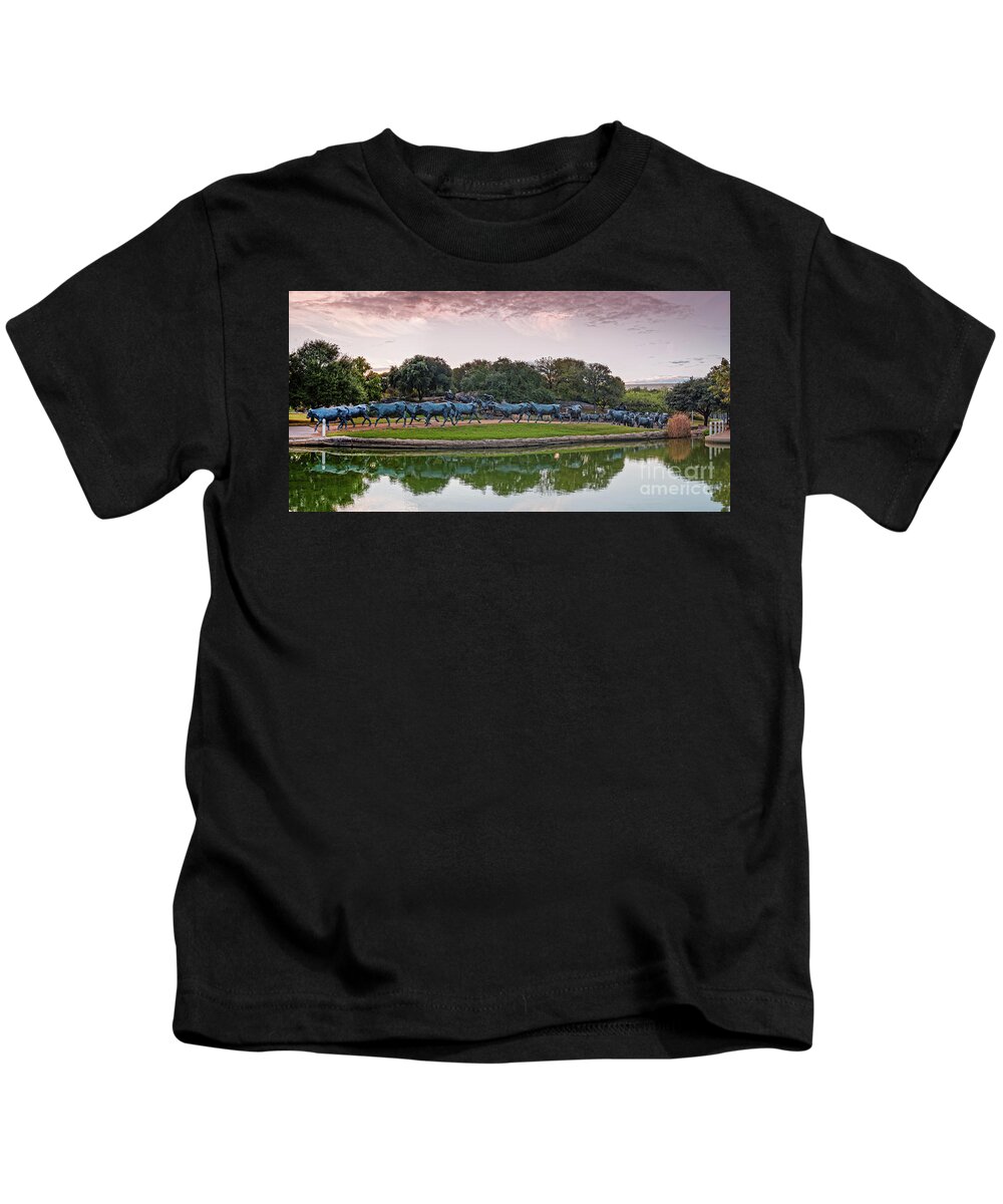 Downtown Kids T-Shirt featuring the photograph Sunrise Panorama of Cattle Drive Sculpture at Pioneer Plaza - Downtown Dallas North Texas by Silvio Ligutti