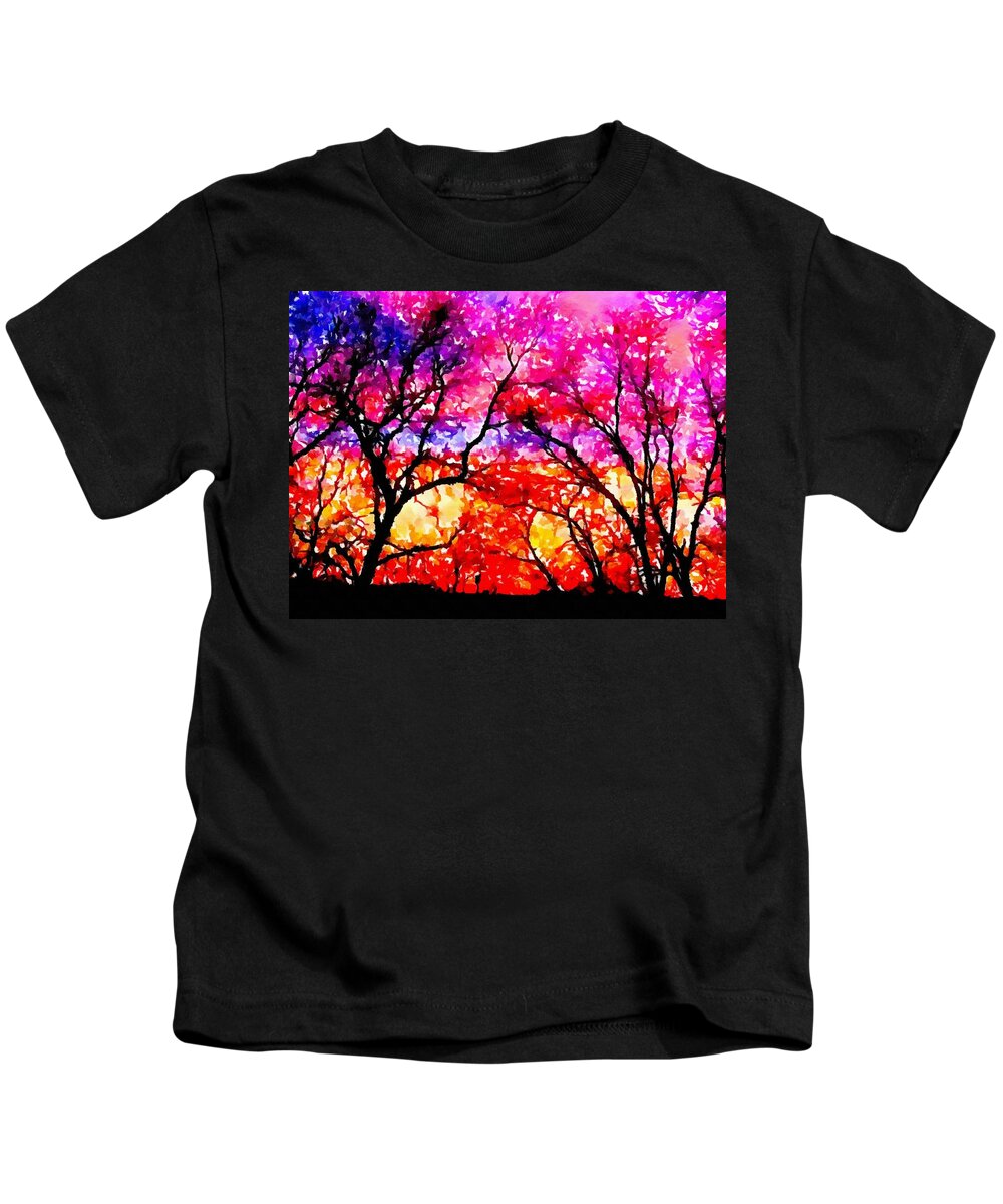 Digital Art Kids T-Shirt featuring the pyrography Sunset Tree Line by Delynn Addams
