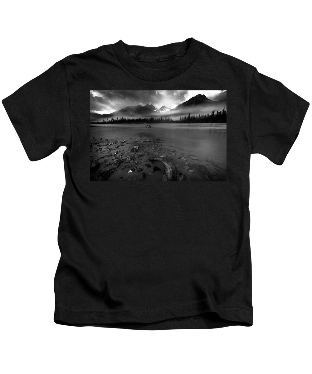 Monochrome Kids T-Shirt featuring the photograph Sunwapta River, Jasper by Dan Jurak