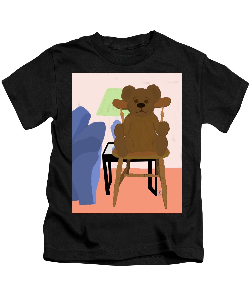 Teddy Bear Kids T-Shirt featuring the painting Teddy Bear on Wooden Chair by Pharris Art