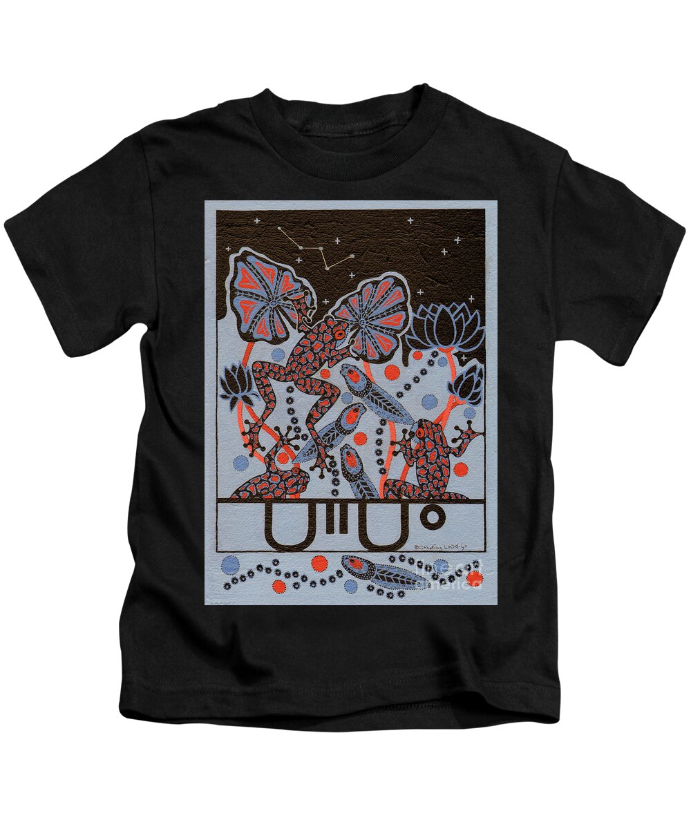 Native American Kids T-Shirt featuring the painting Tehteu Little Green Frogs by Chholing Taha
