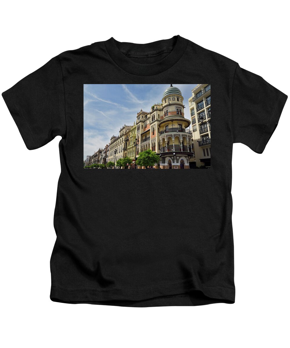 Adriatic Kids T-Shirt featuring the photograph The Adriatic building at the end of a row of historic architectu by Reimar Gaertner