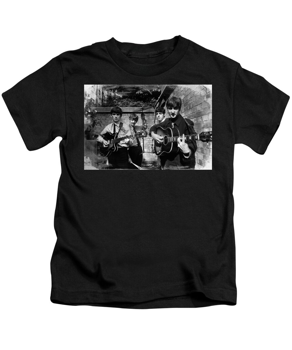 The Beatles Kids T-Shirt featuring the painting The Beatles In London 1963 Black And White Painting by Tony Rubino