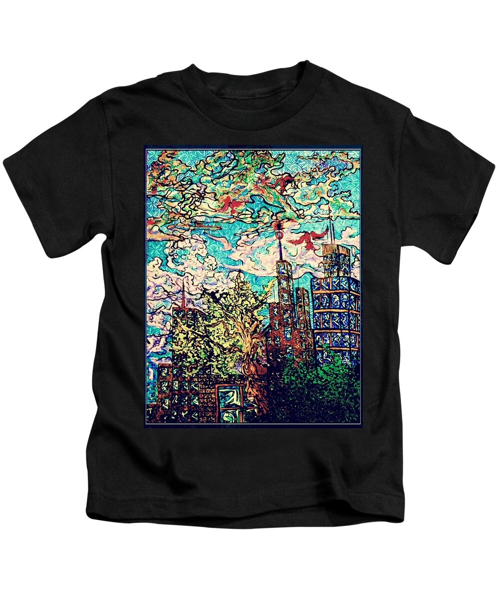 Cityscape Kids T-Shirt featuring the drawing The City by Angela Weddle