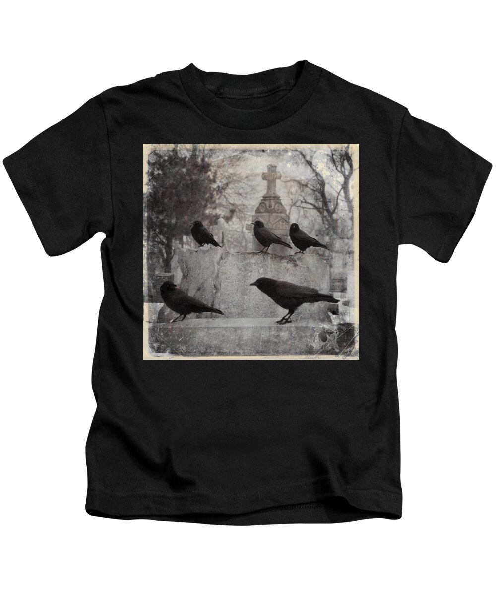 Square Kids T-Shirt featuring the photograph The Five Crows Rest On The Gray Stones by Gothicrow Images
