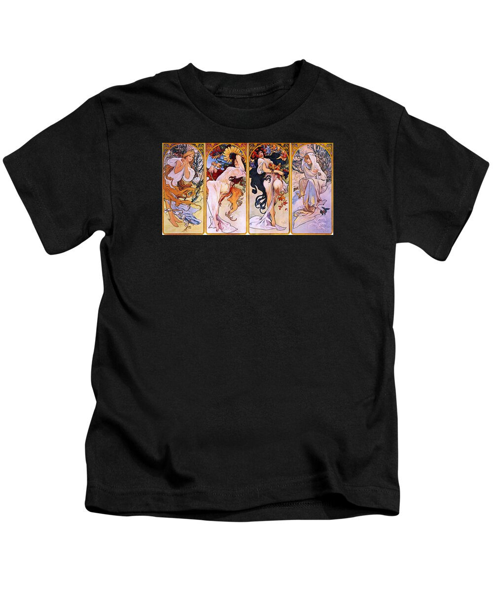 Alphonse Mucha Kids T-Shirt featuring the painting The Four Seasons by Alphonse Mucha