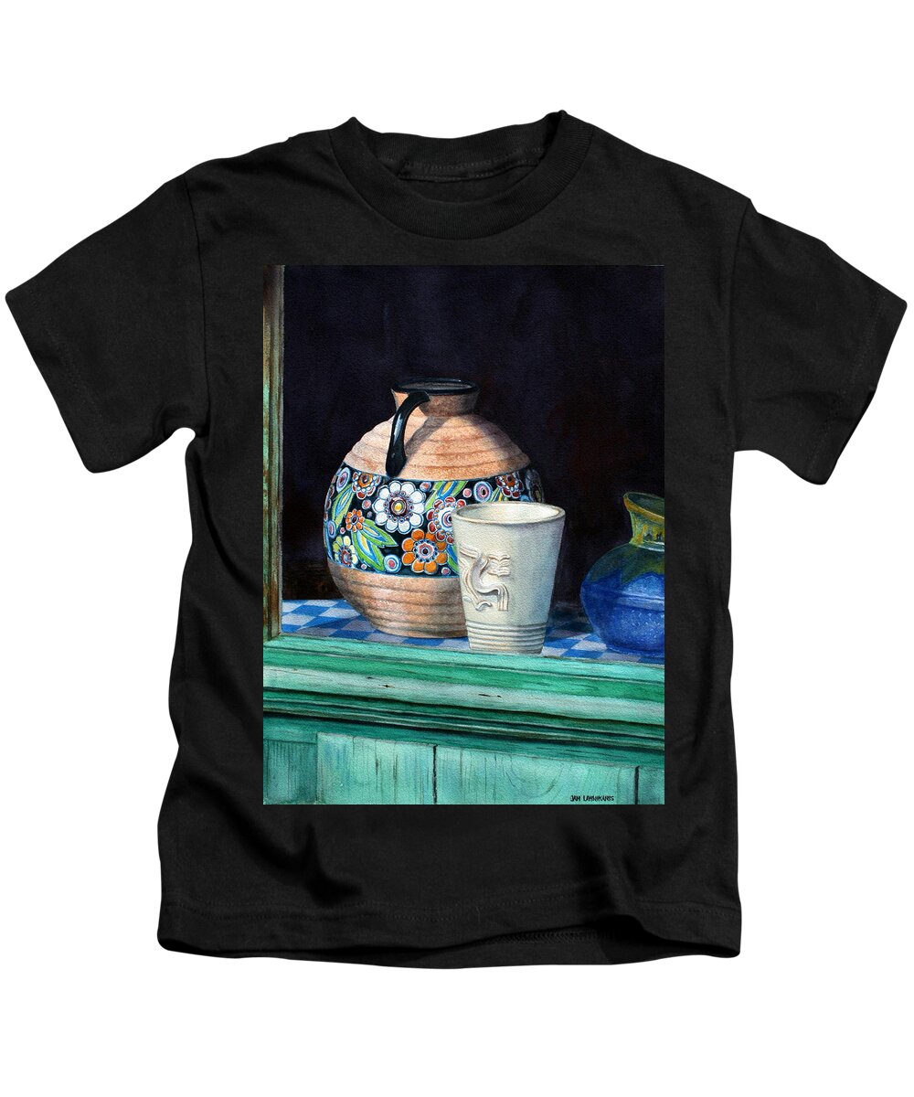 Jan Lawnikanis Kids T-Shirt featuring the painting The French Potter's Window by Jan Lawnikanis