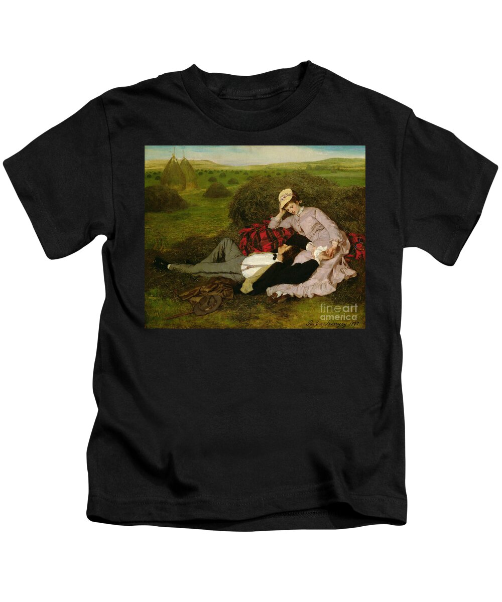Tryst; Male; Female; Resting; Romantic; Rendezvous; Couple; Landscape; Hayfield; Haystack Kids T-Shirt featuring the painting The Lovers, 1870 by Pal Szinyei Merse by Pal Szinyei Merse