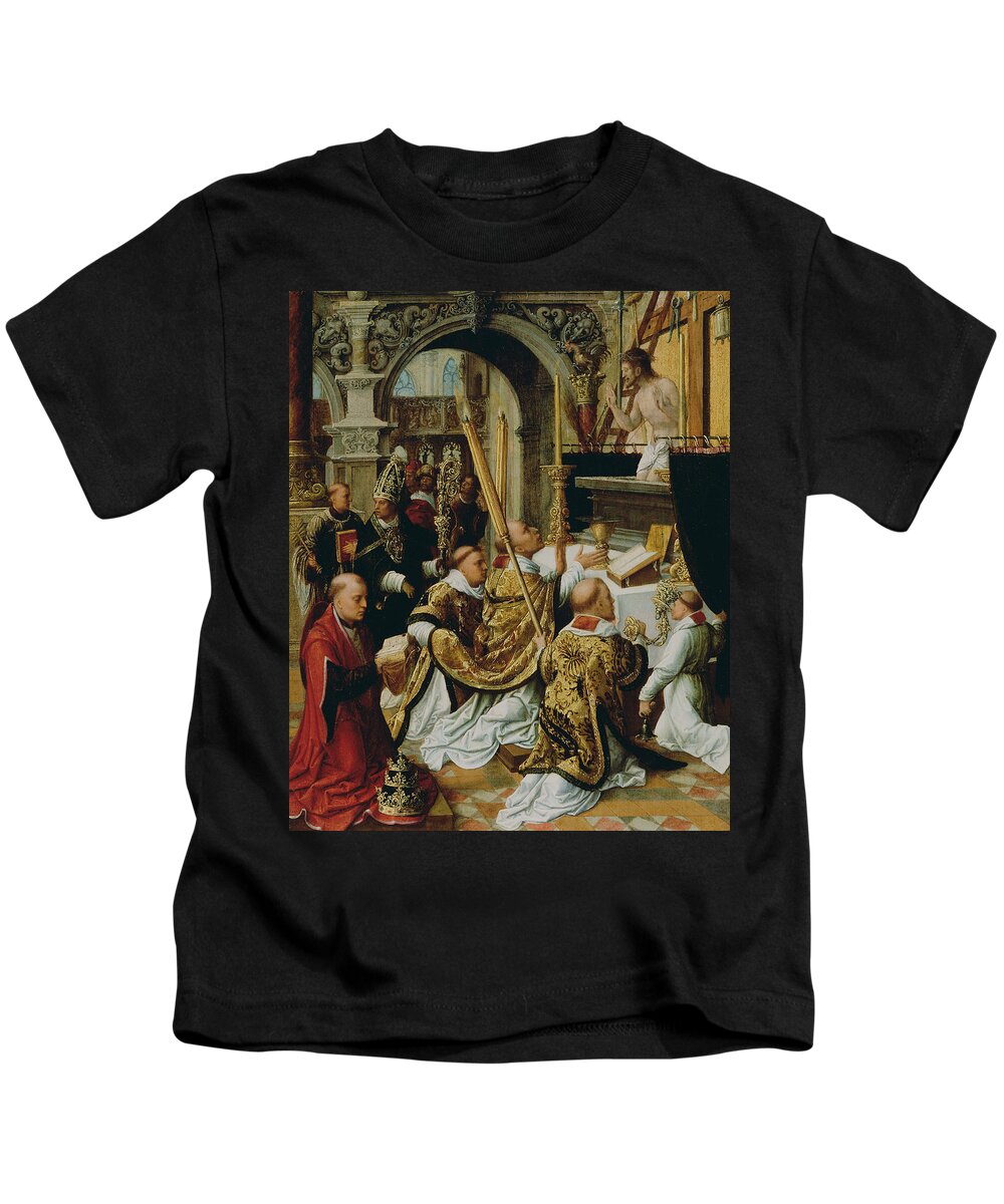 16th Century Art Kids T-Shirt featuring the painting The Mass of Saint Gregory the Great by Adriaen Isenbrandt