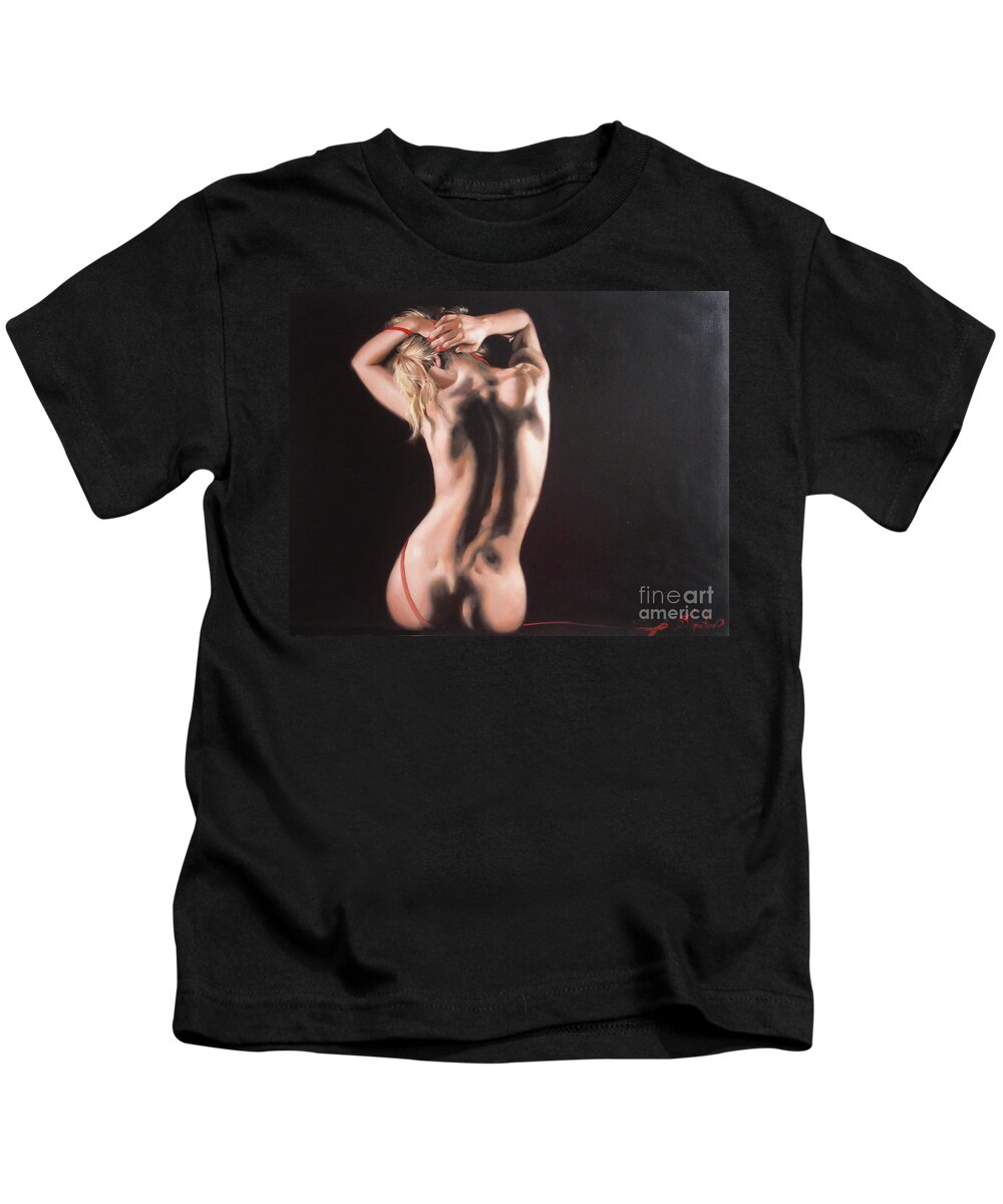 Art Kids T-Shirt featuring the painting The play with red ribbon by Sergey Ignatenko
