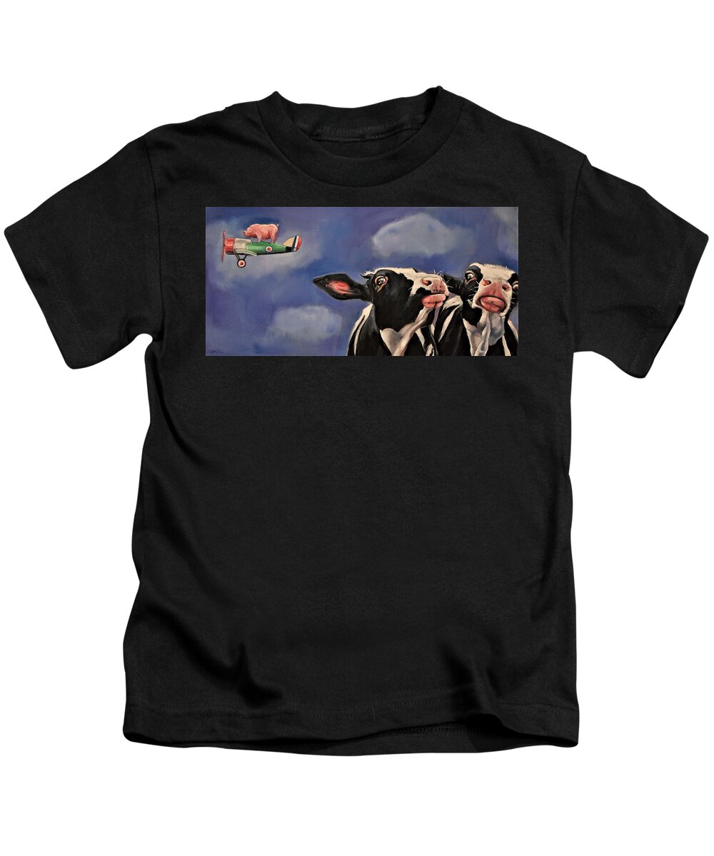 Cows Kids T-Shirt featuring the painting The Second Great Escape by Jean Cormier