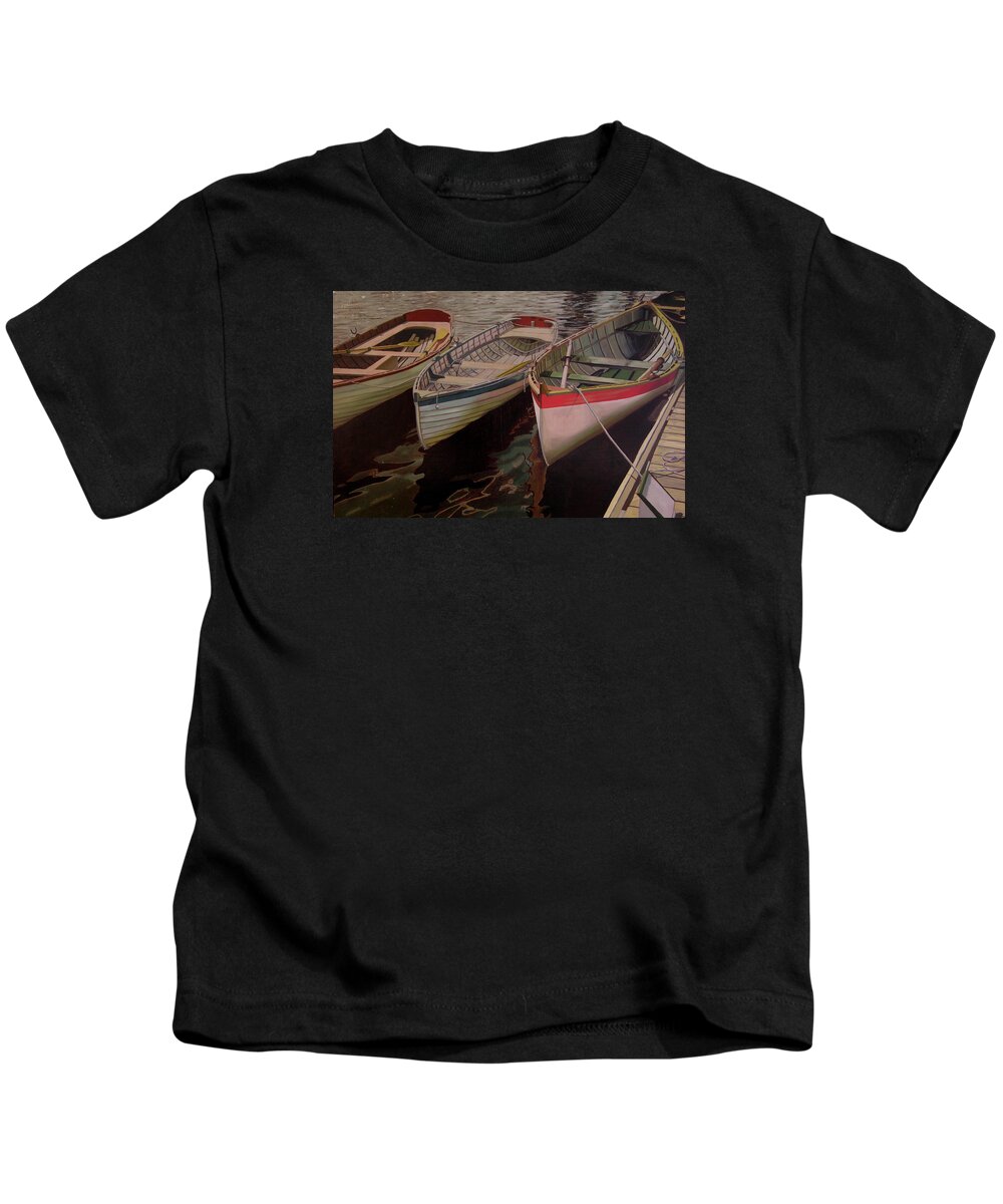 Boats Kids T-Shirt featuring the painting Three Boats by Thu Nguyen