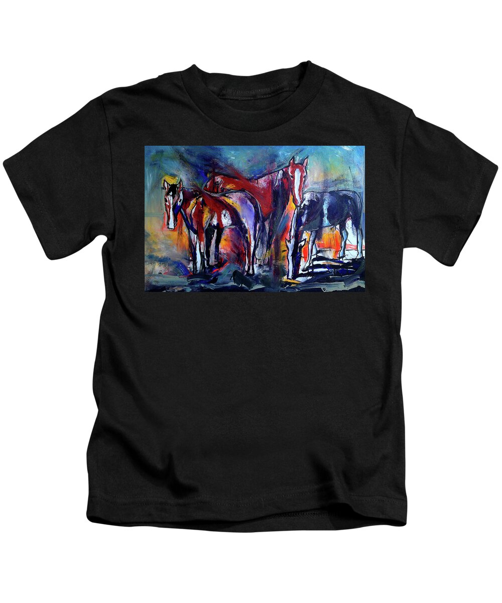 Horses Kids T-Shirt featuring the painting Three Horses by John Gholson