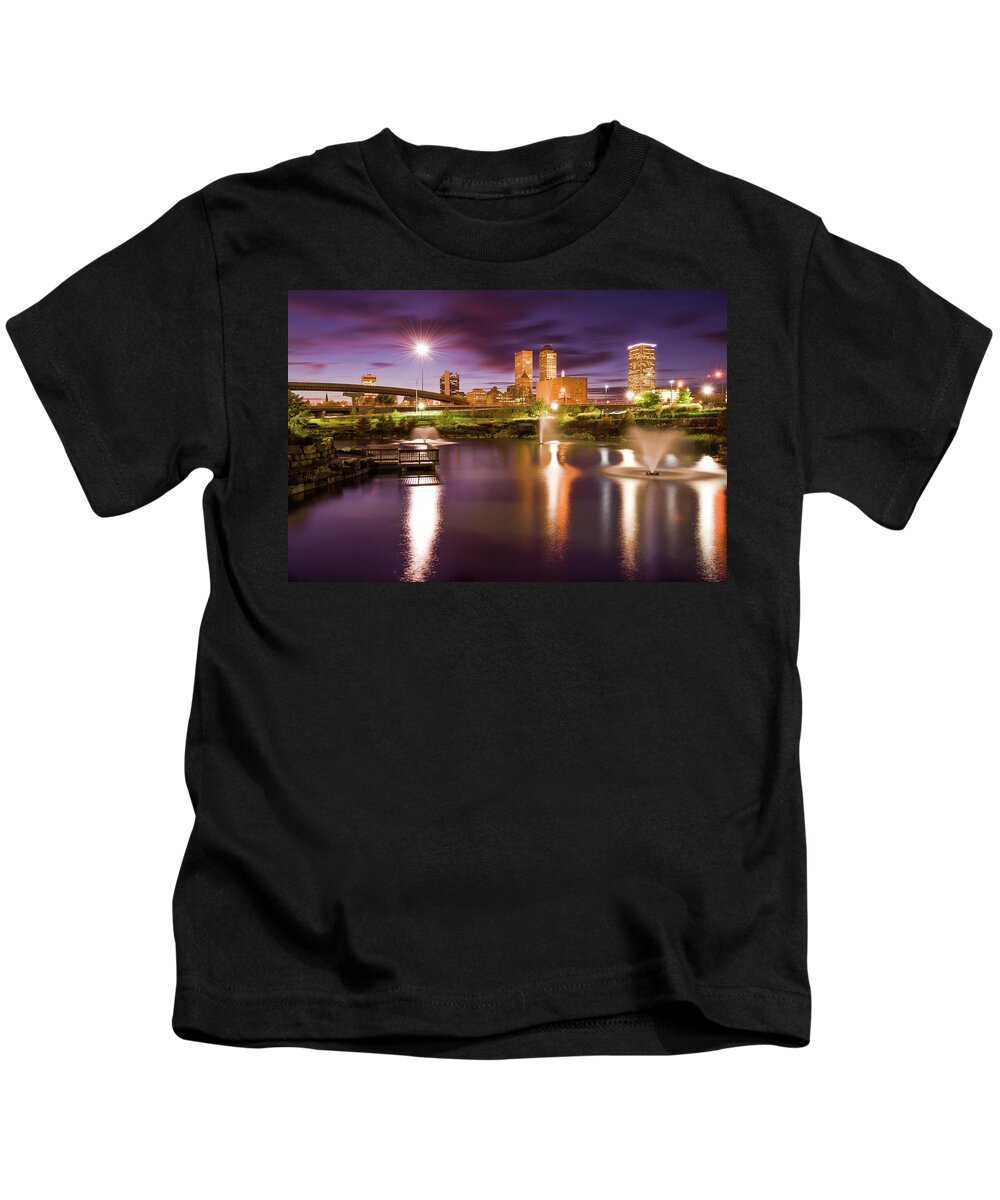 Veterans Park Kids T-Shirt featuring the photograph Tulsa Lights - Centennial Park View by Gregory Ballos