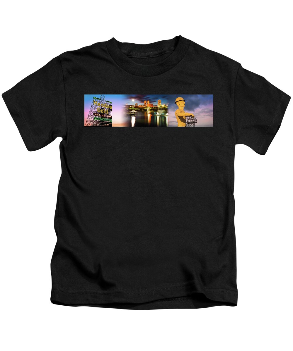 America Kids T-Shirt featuring the photograph Tulsa Meadow Gold Neon - Centennial Skyline - Golden Driller Panorama by Gregory Ballos