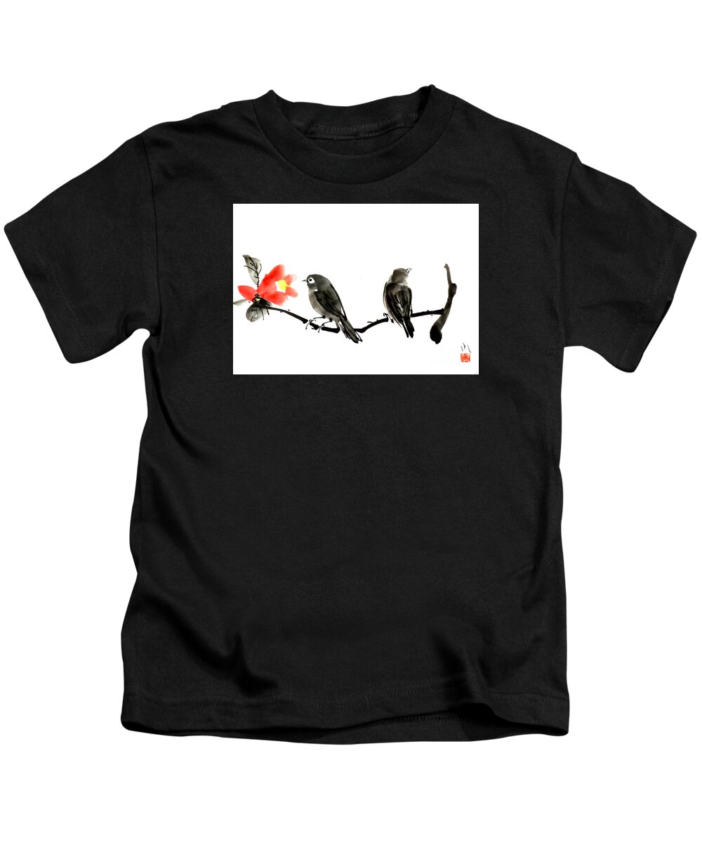 Japanese Kids T-Shirt featuring the painting Two Little Birds by Fumiyo Yoshikawa