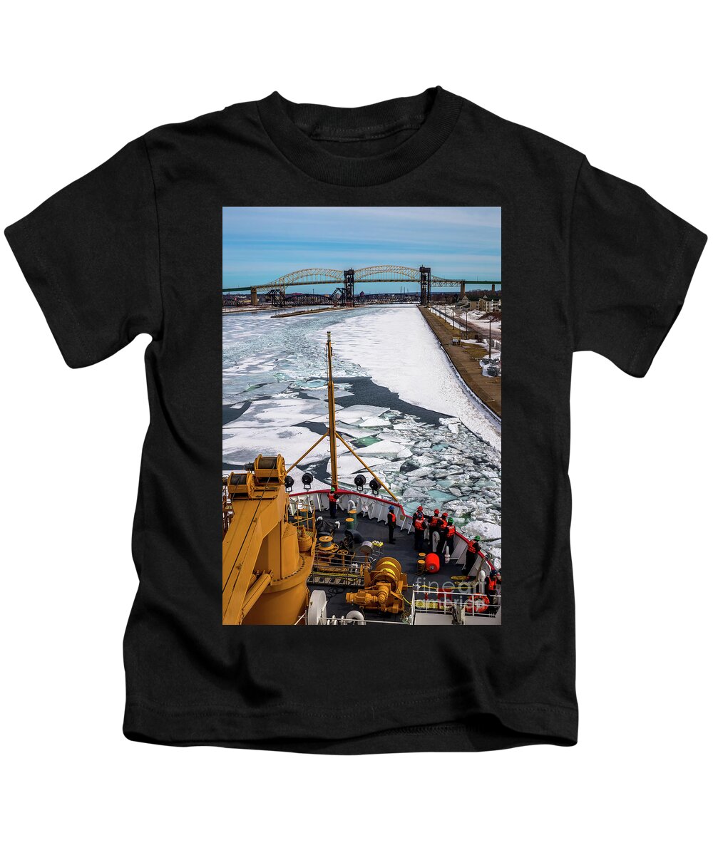 Uscg Kids T-Shirt featuring the photograph USCG Cutter Mackinaw Soo Locks -8147 by Norris Seward