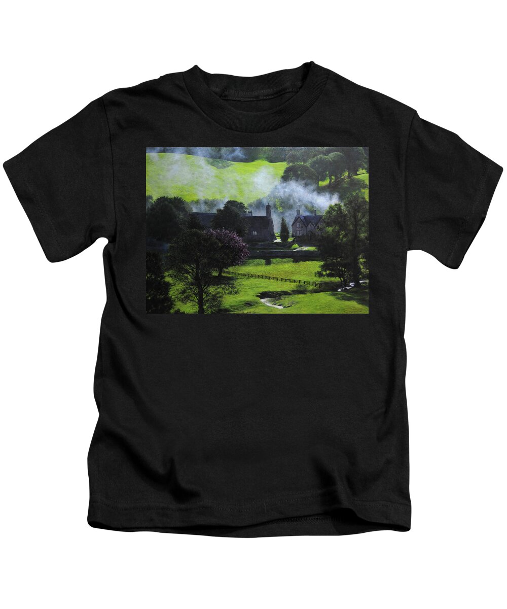 Village Kids T-Shirt featuring the painting Village in North Wales by Harry Robertson