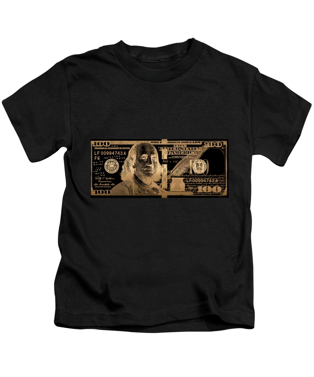 'visual Art Pop' Collection By Serge Averbukh Kids T-Shirt featuring the digital art One Hundred US Dollar Bill - $100 USD in Gold on Black by Serge Averbukh