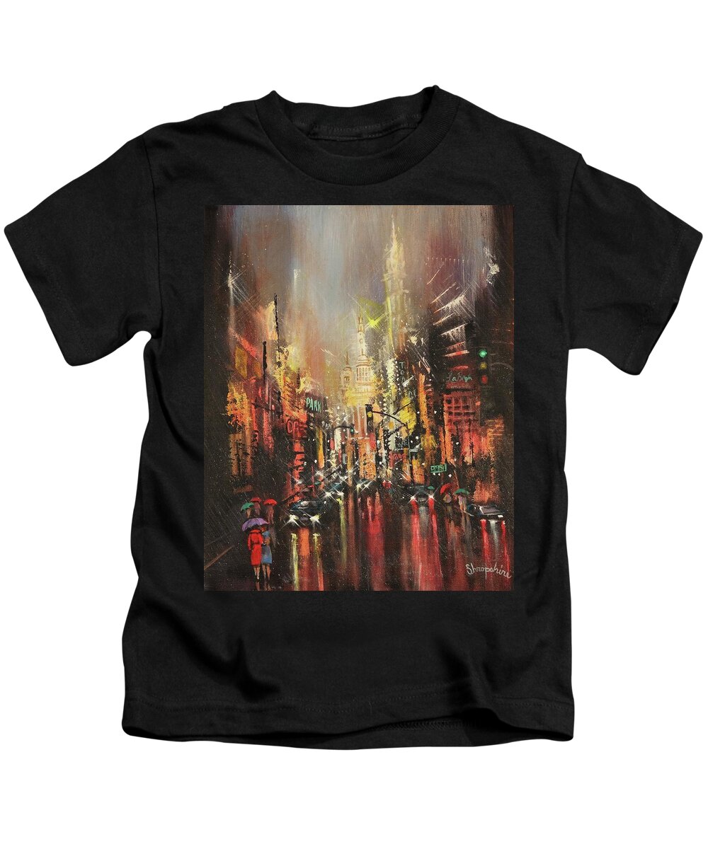 City Rain Kids T-Shirt featuring the painting Wet Streets by Tom Shropshire