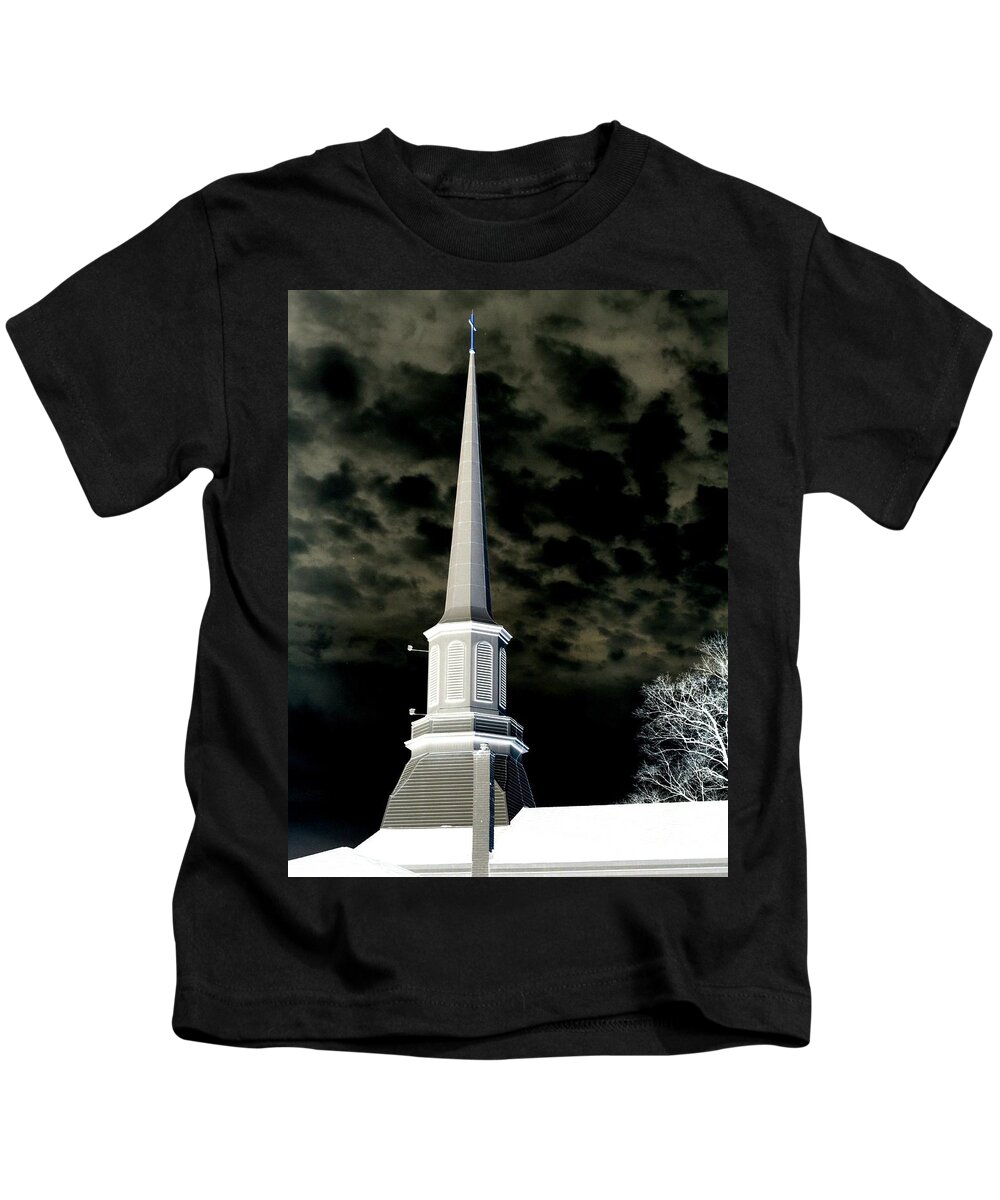 Church Kids T-Shirt featuring the photograph White Cross Dark Skies by Joshua House