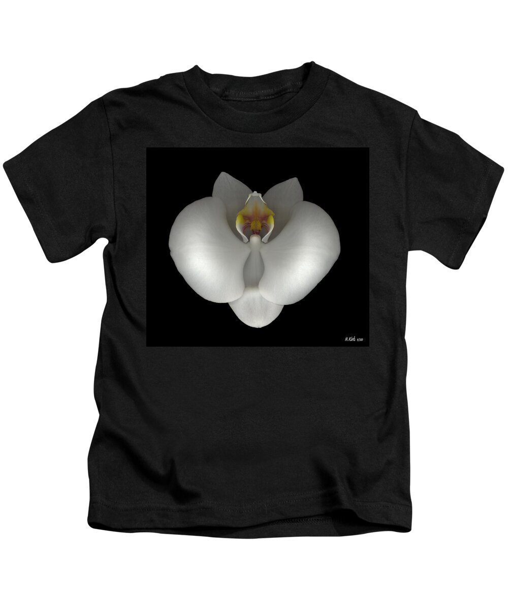  Kids T-Shirt featuring the photograph White Orchid on Black by Heather Kirk