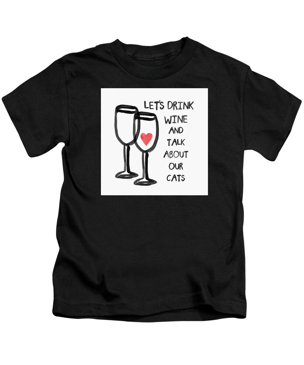 Wine Kids T-Shirt featuring the painting Wine and Cats- Art by Linda Woods by Linda Woods